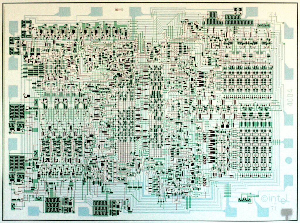 Chip layout from the development phase of the Intel 4004 from 1971, the first microprocessor of the world. Courtesy Federico Faggin